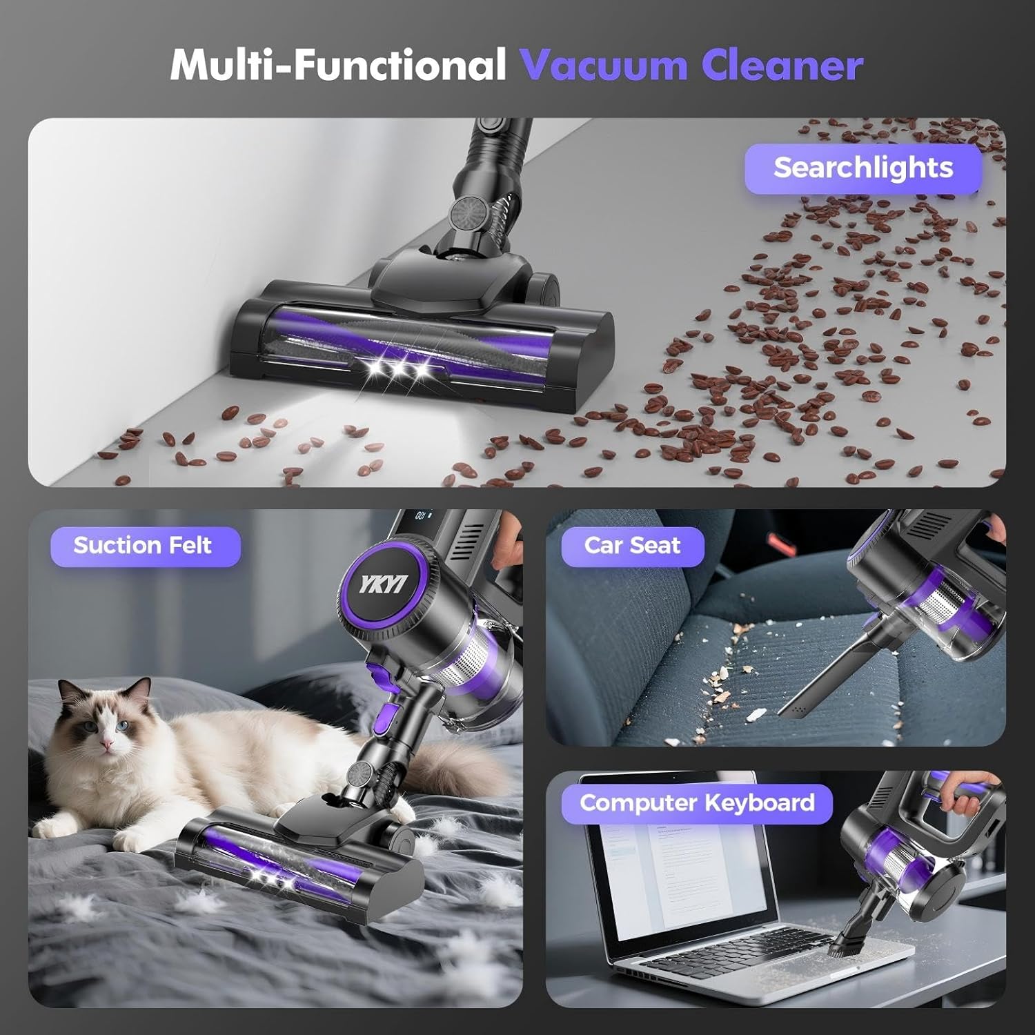 YKYI Cordless Vacuum Cleaner, 40KPa Suction 450W Motor with 2 Modes, 50-Min Runtime & Foldable Design, Cordless Stick Vacuum with LED Display for Home Hard Floors/Pet Hair(Royal Purple) - Image 7