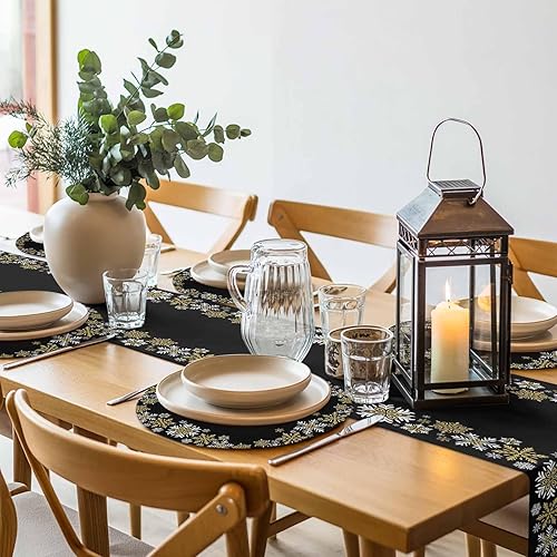 Miniatura 5 de Christams Round Placemats Set of 6 Snowflake Table Mats for Dining Table Decor Gold Black Round Braided Placemats Heat Resistant Washable Woven
