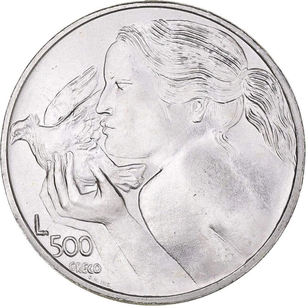1973 R Silver 500 Lire San Marino Coin. Minted In Italian Micro Nation. Celebrating World Peace, Female And Dove Motif. 500 Lire, Monetized by San Marino Government.