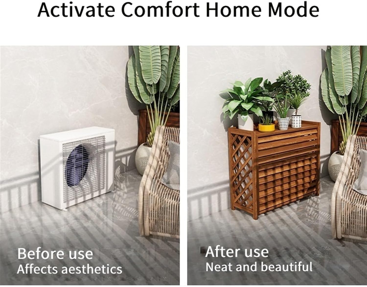 Wooden Air Conditioner Cover, Solid Wood Air Conditioner Flower Rack, Decorative Air Conditioner Fence, Garden Balcony Air Conditioning Privacy Screen (Natural, L)
