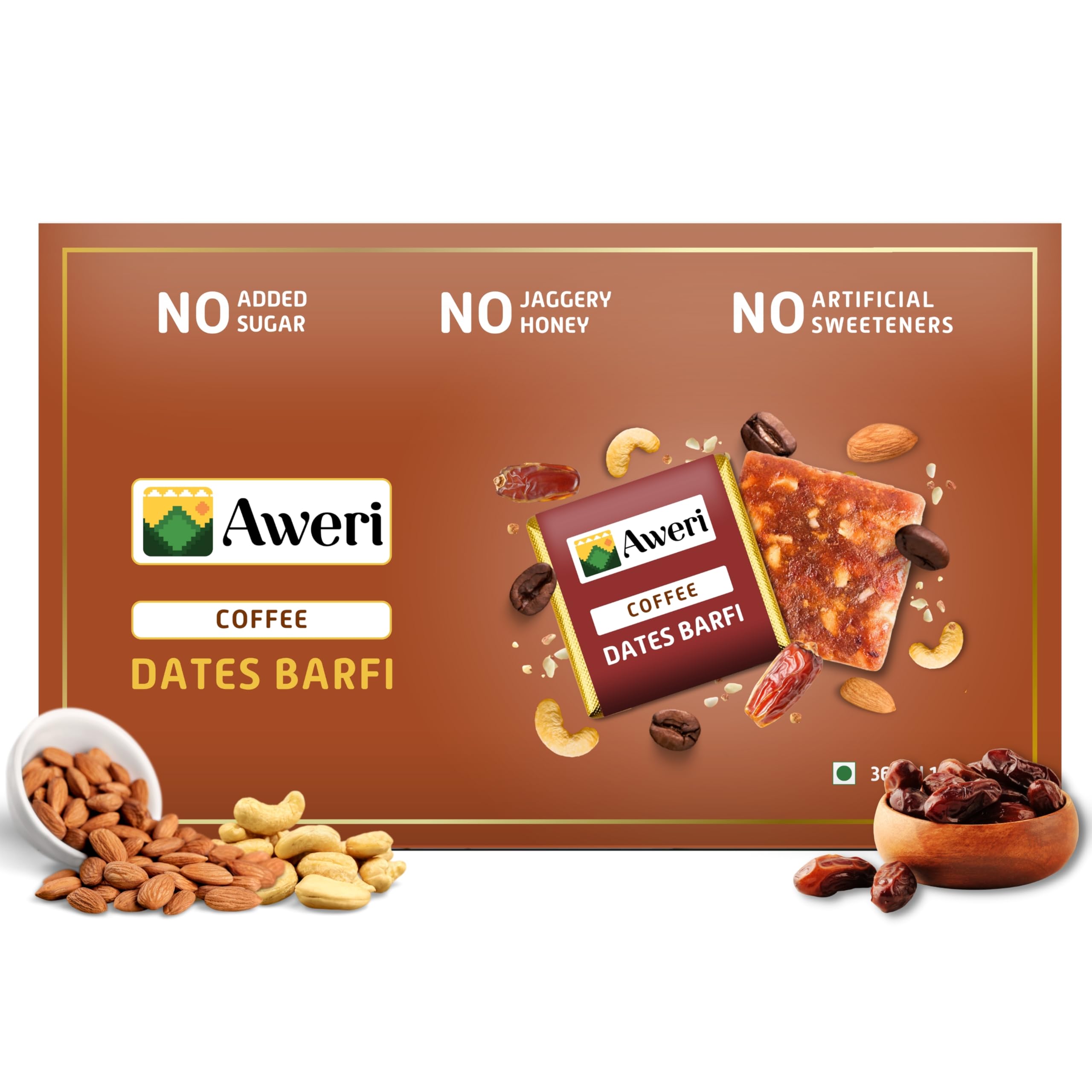 Aweri Coffee Dates Barfi (360 Gram): No Added Sugar Healthy Date Bite | Dry Fruit Barfi | Dates, Almonds, Cashews, Ghee | Coffee Barfi | Indian Sweet Mithai Gift Pack | Khajoor Barfi | Date Chikki