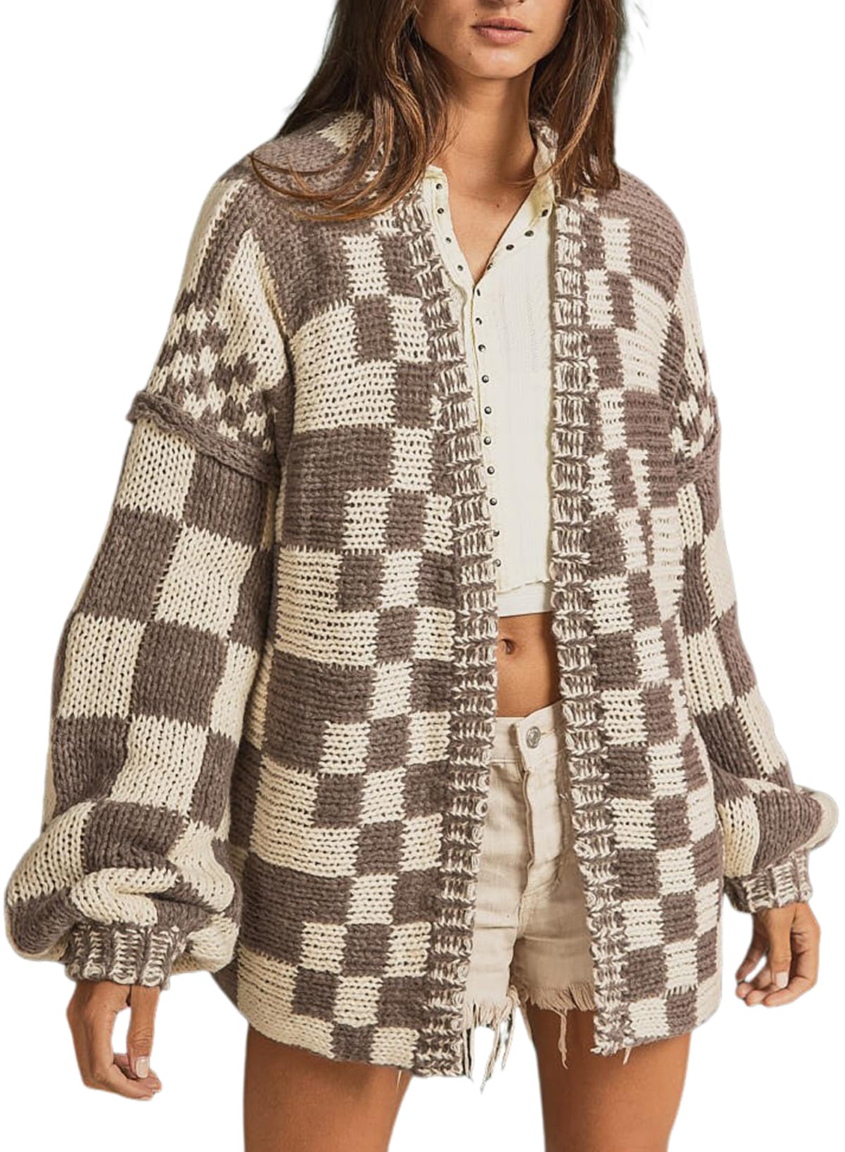 SELINK Womens Cardigan Sweater Vintage Open Front Mixed Checkered Pattern Chunky Knit Plaid Long Sleeve Daily Outwear