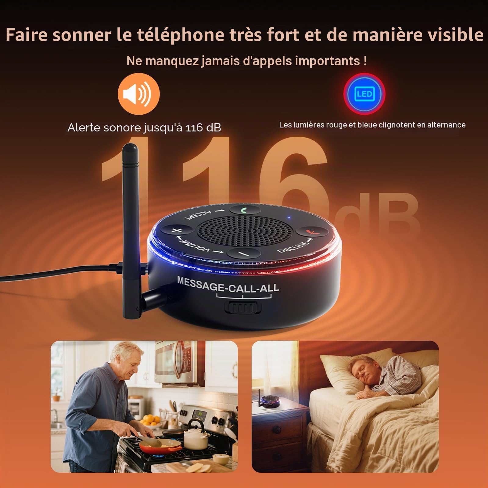 Amplificateur de sonnerie et clignotant pour téléphone portable – Flash rouge-bleu ultra fort et lumineux de 116 dB – Réponse/déclin en une touche, appariement sans fil pour malentendants/personnes