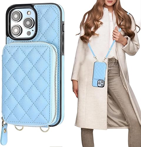 Bocasal Funda tipo cartera cruzada para iPhone 14 Pro Max, con bloqueo RFID, de piel sintética, con cremallera, funda tipo cartera con función atril