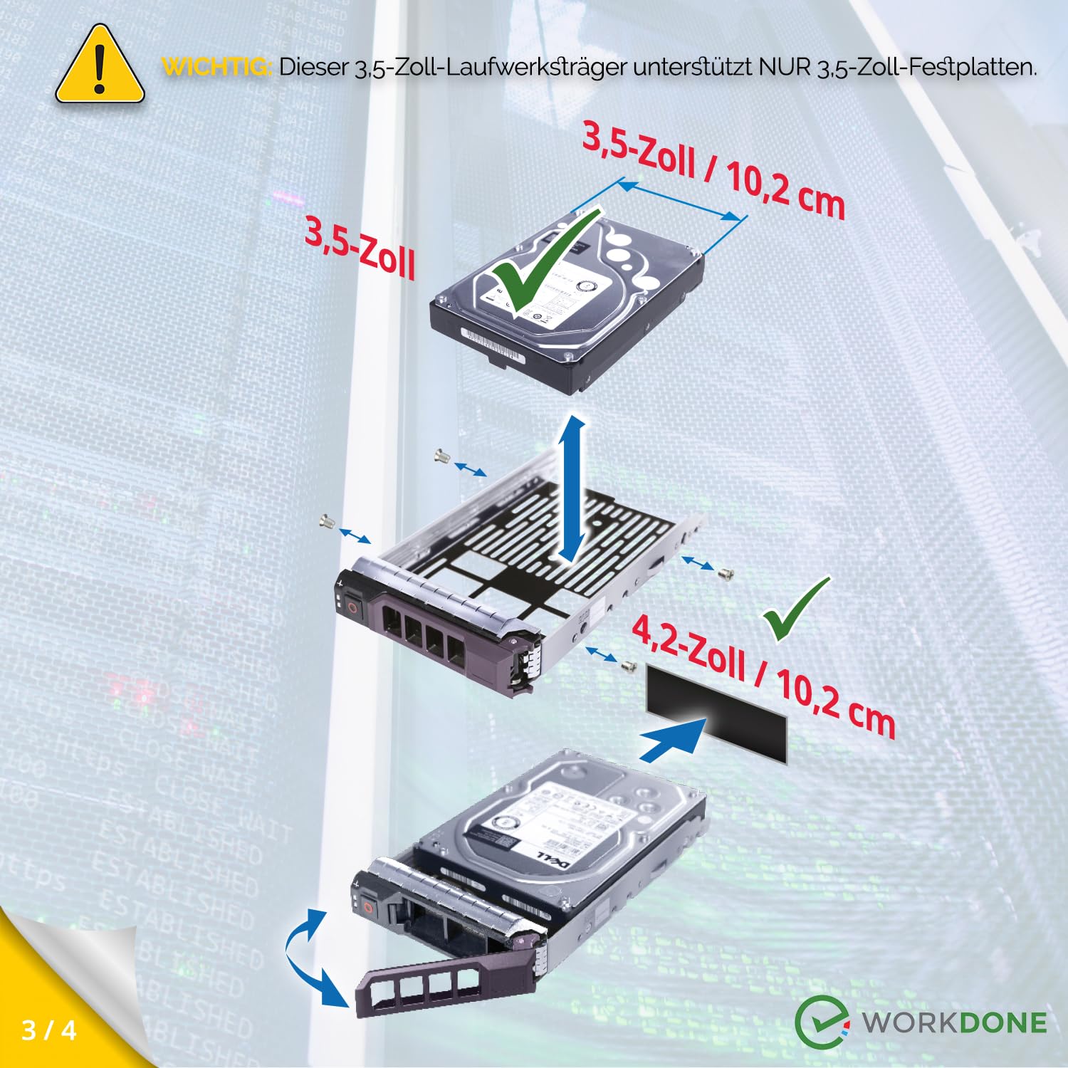 WORKDONE 4er-Pack - 3,5-Zoll Festplatten-Caddy - kompatibel für Dell PowerEdge Server - Handbuch - Aufkleber für Vorderseite - Schraubendreher - Schrauben für Festplattenfach