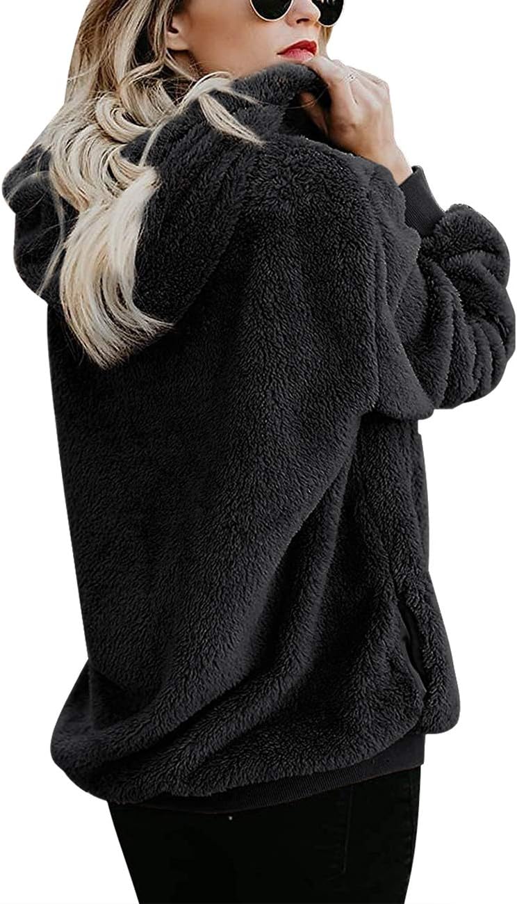 Women Casual Double Fuzzy Sweatshirt Faux Fleece Zip Pullover Hoodies Coat Outwear S-XXL - Image 4
