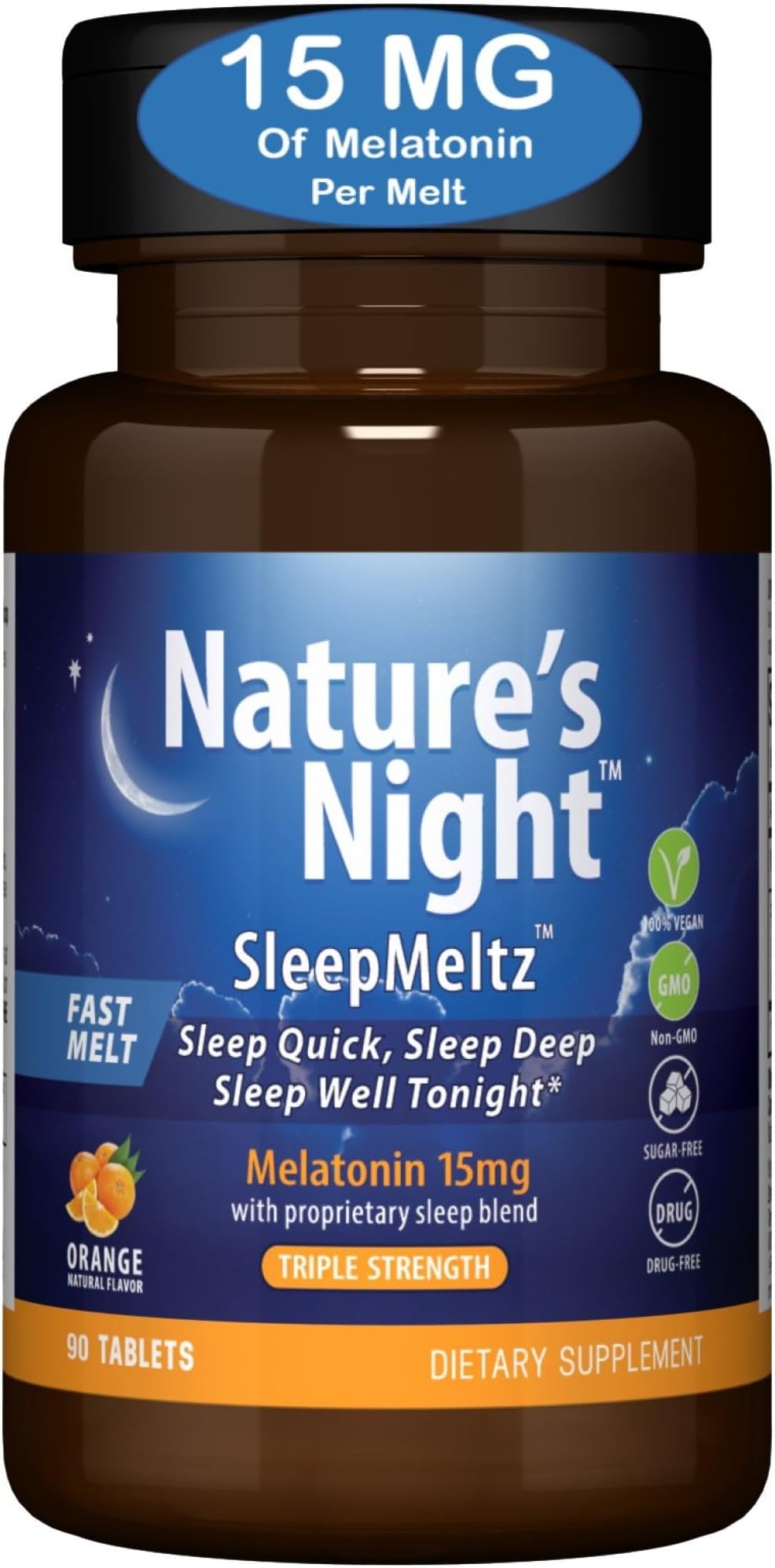Zero Brands Nature's Night Triple Strength Quick Dissolve Melatonin 15mg with Supportive Blend | Natural Orange Flavor | 90 Count | Sugar Free, Vegan, Non-GMO, Drug Free