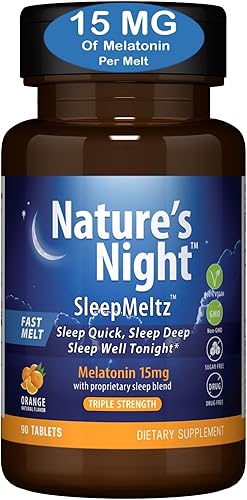 Nature's Night Melatonina de triple fuerza de disolución rápida de 15 mg con mezcla de apoyo | Sabor a naranja natural | 90 unidades | Sin azúcar,