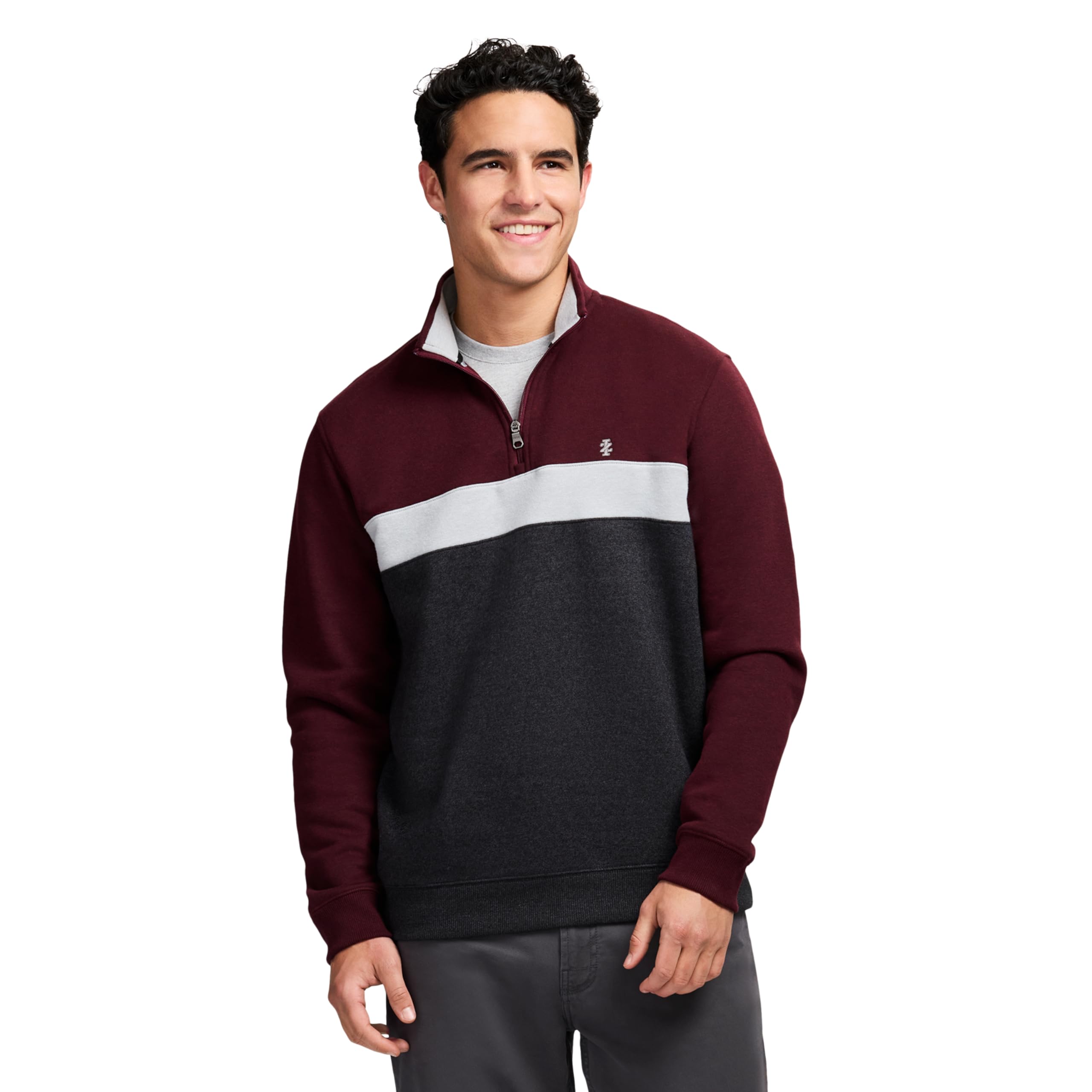 IZOD Men's Advantage Performance Quarter Zip Fleece Pullover Sweatshirt, Velvet Maroon Black Stripe, L
