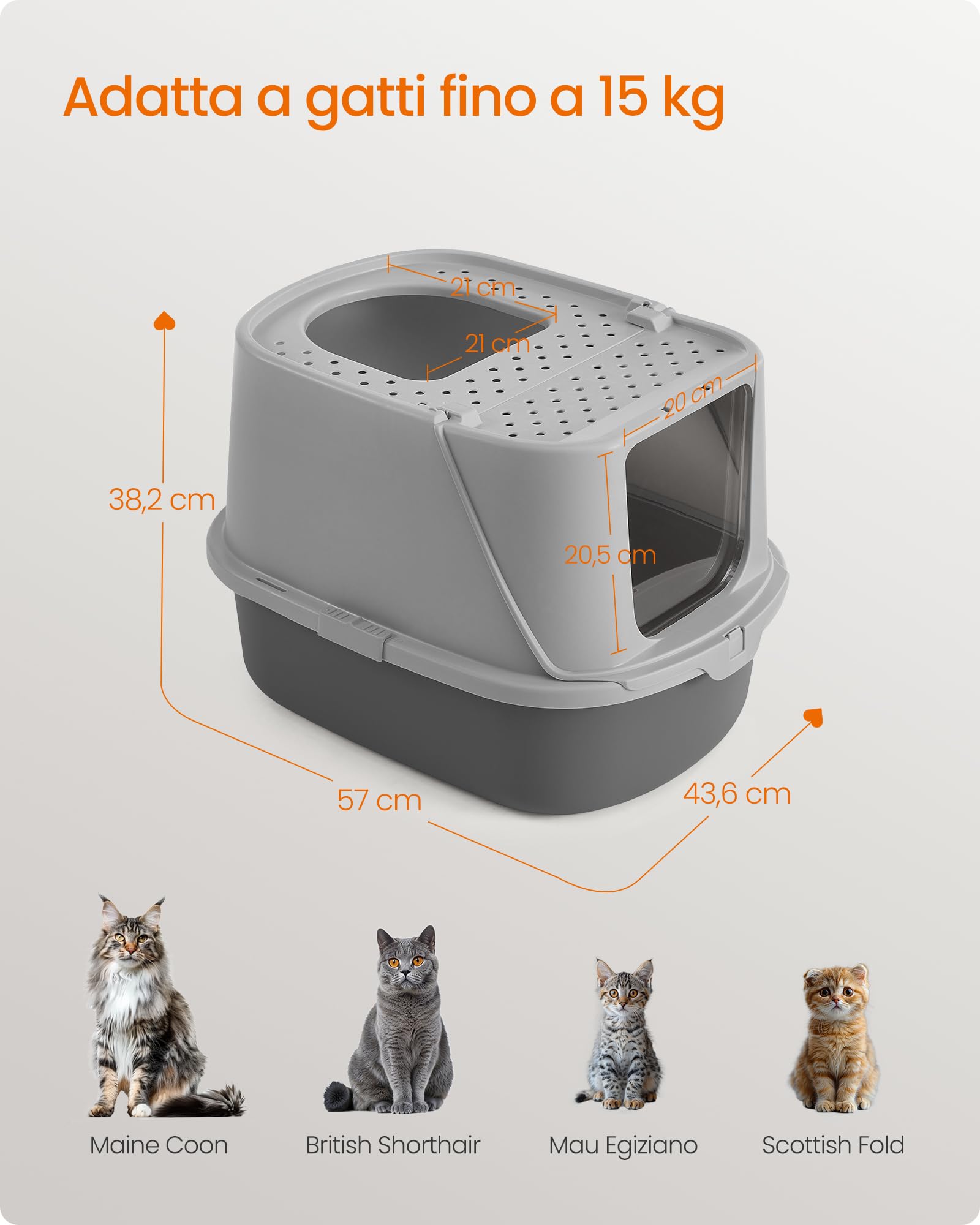Feandrea Lettiera per Gatti XXL, Toilette per Gatti fino a 15 kg, con Coperchio, Paletta e Spazzola, Grigio Tortora e Grigio Ardesia PPT011GN01