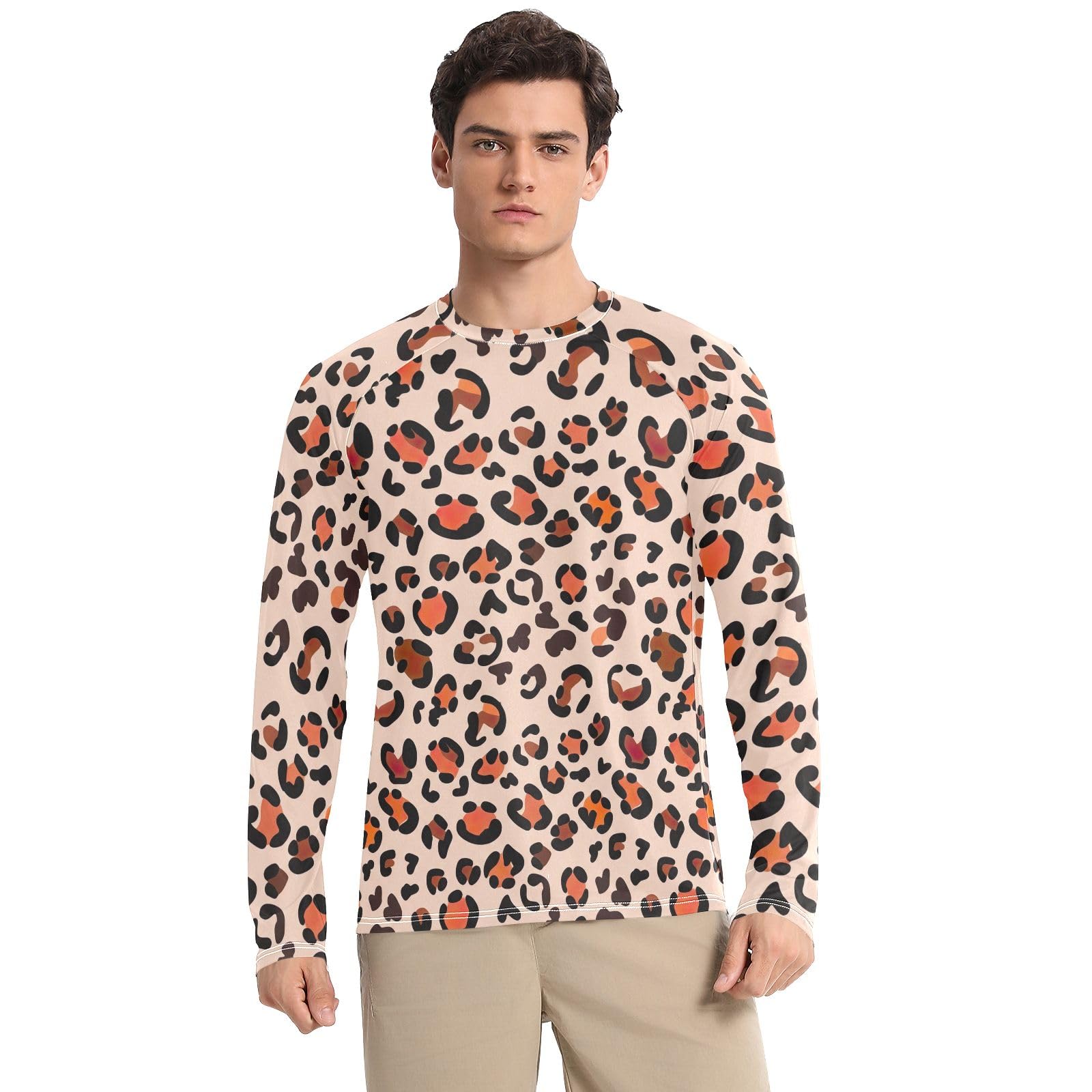 UPF 50+ Men's Rash Guard Quick Dry Long Sleeve Fishing Hiking T-Shirts Sun Protection Sun Shirt, Black Orange Leopard, XX-Large