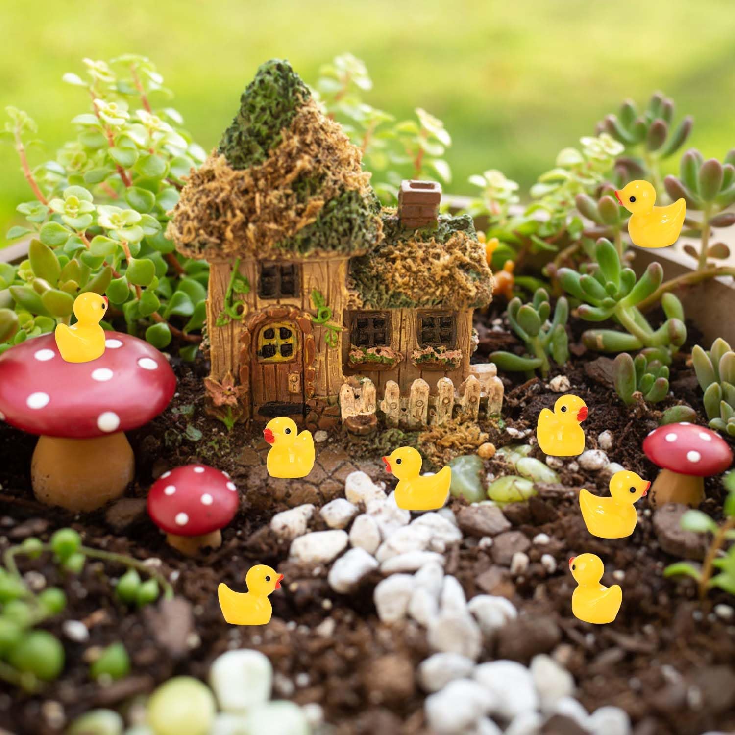 Mixara 200 sztuk mini kaczek, żółte, małe kaczki, miniaturowe figurki, miniaturowe kaczki do dekoracji DIY miniaturowych ogrodów krajobrazowych, bonsai, basenów rybnych i akwariów