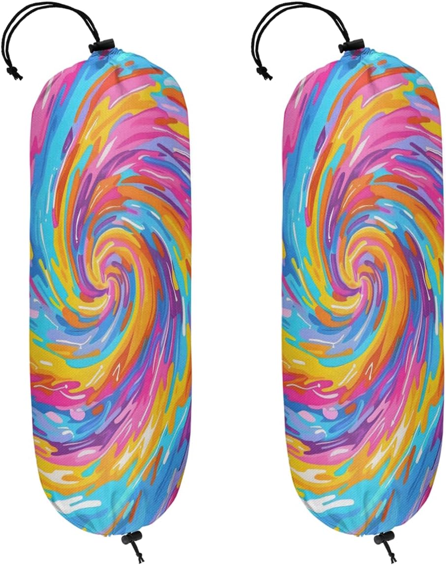 Tie dye 2 Pcs Plastic Bag Holder, Colorful Boho Rainbow Wall Mount Grocery Bags Organizer Washable Large Grocery Bag Storage Dispenser for Kitchen Bedroom