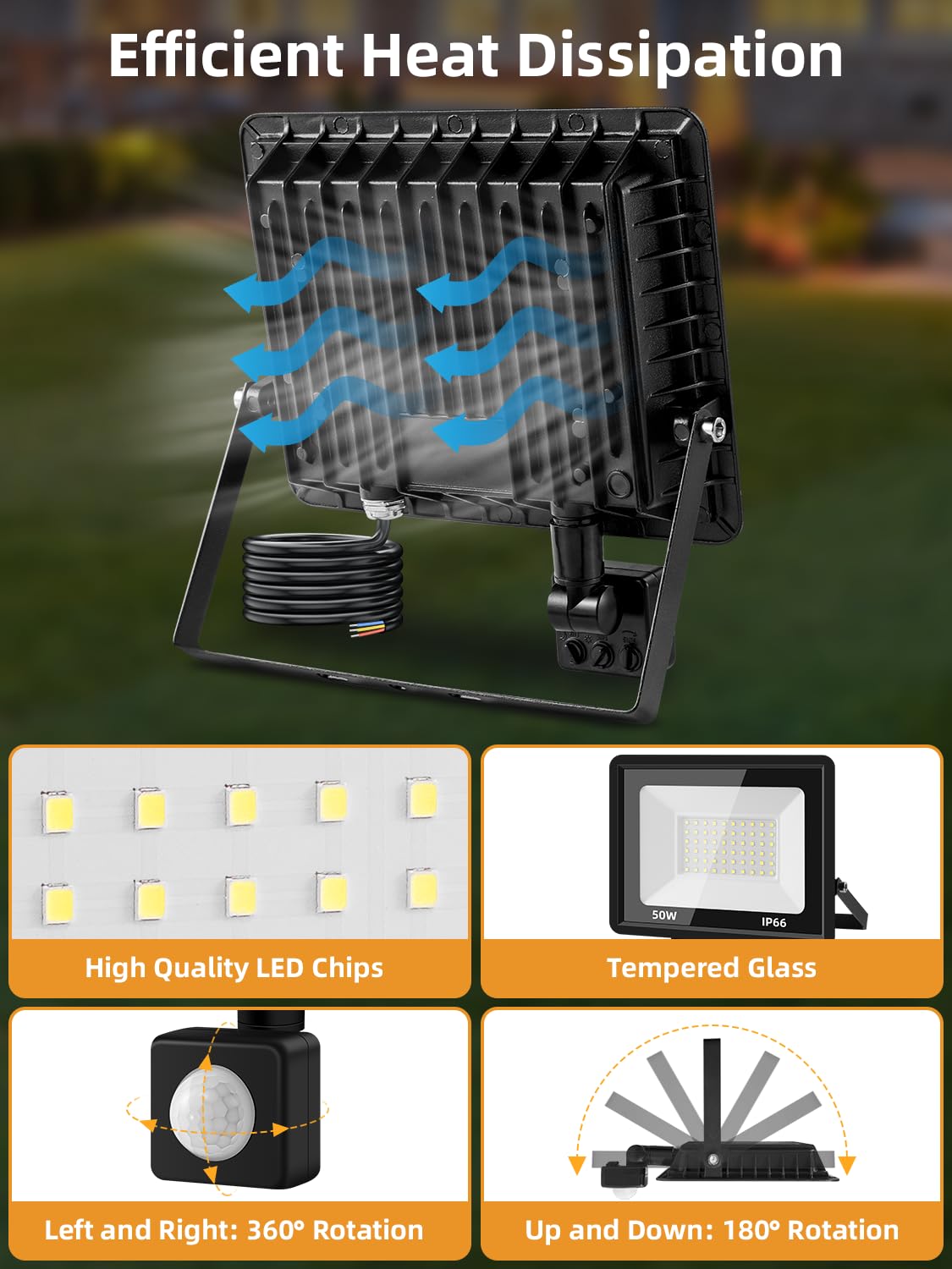 Foco LED Exterior con Sensor Movimiento 50W,5000LM 6500K Blanco Frío Foco Proyector LED,IP66 Impermeable Focos Exterior con Sensor Movimiento para Jardín, Garaje, Patios