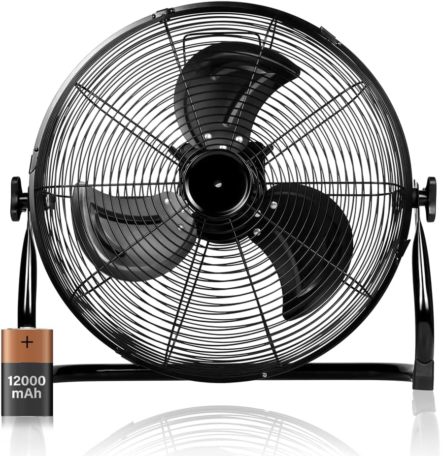 Floor Fan With 360-Degree 12-Inch Tilt Metal Rechargeable Cordless