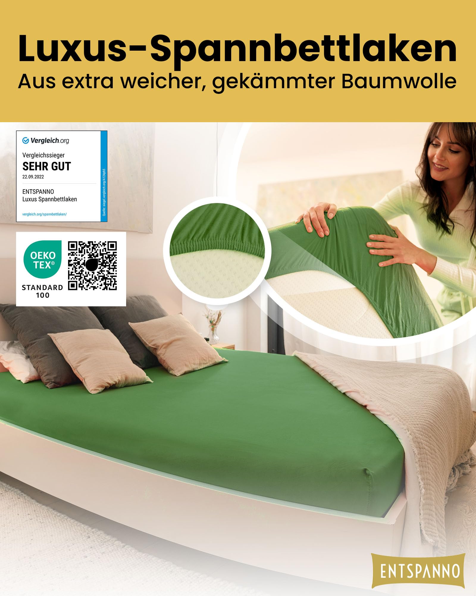 ENTSPANNO Luxus Spannbettlaken 180 x 200 bis 200 x 220 cm - Aus Premium Jersey - Ideal für Wasser- u. Boxspringbetten bis 35cm Höhe - Blattgrün
