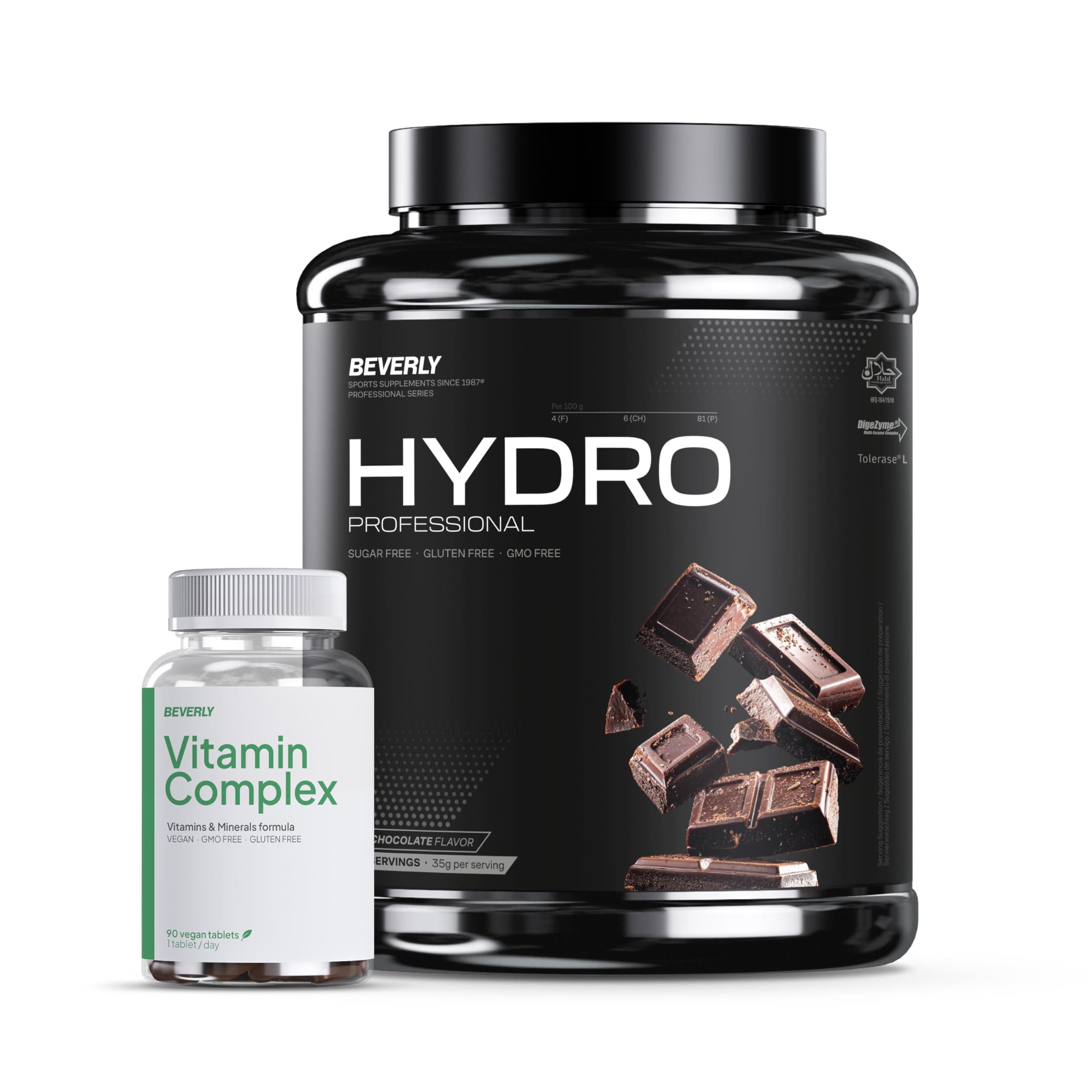 Beverly PACK HYDRO PROTEIN (Proteína + Vitaminas) | Proteína Hidrolizada de Suero Whey con Digezyme y Tolerase L + VITAMIN COMPLEX 90 caps | Excelente Digestibilidad (2 Kg, Chocolate)