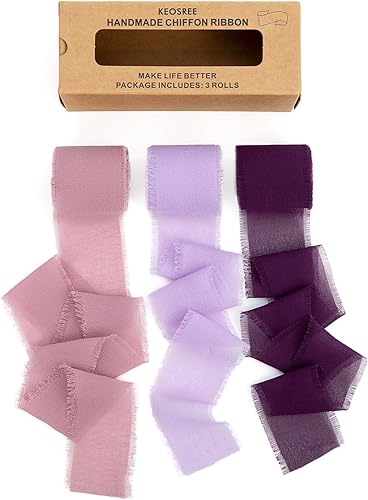 Miniatura 18 de 3 rollos de cinta de gasa de chifón azul polvoriento hecha a mano, 1.5" x 21 yardas con flecos deshilachados de seda (3 rollos * 7 yardas)