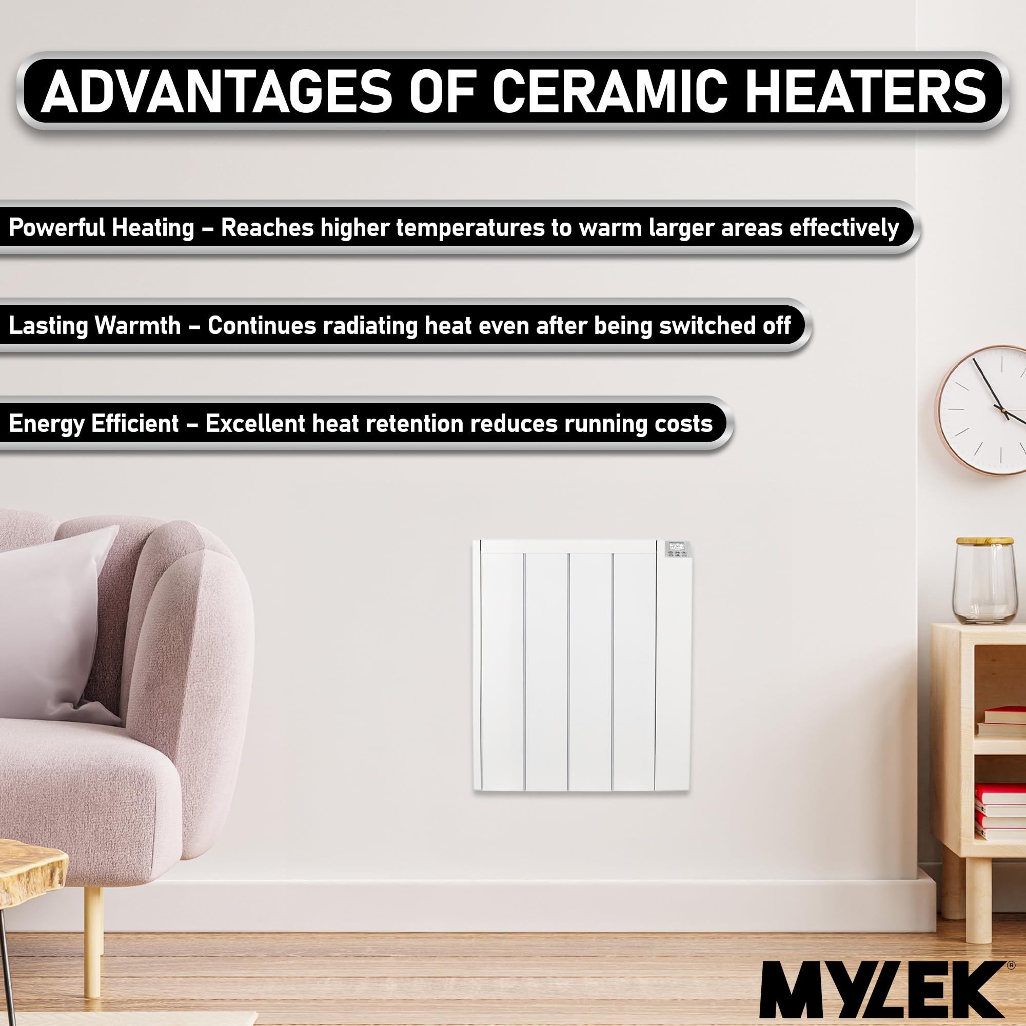 MYLEK Radiador eléctrico de panel de cerámica con temporizador digital programable de 1000 W, montaje en pared de aluminio independiente, blanco delgado, IP24 a prueba de salpicaduras, lote 20, diseño