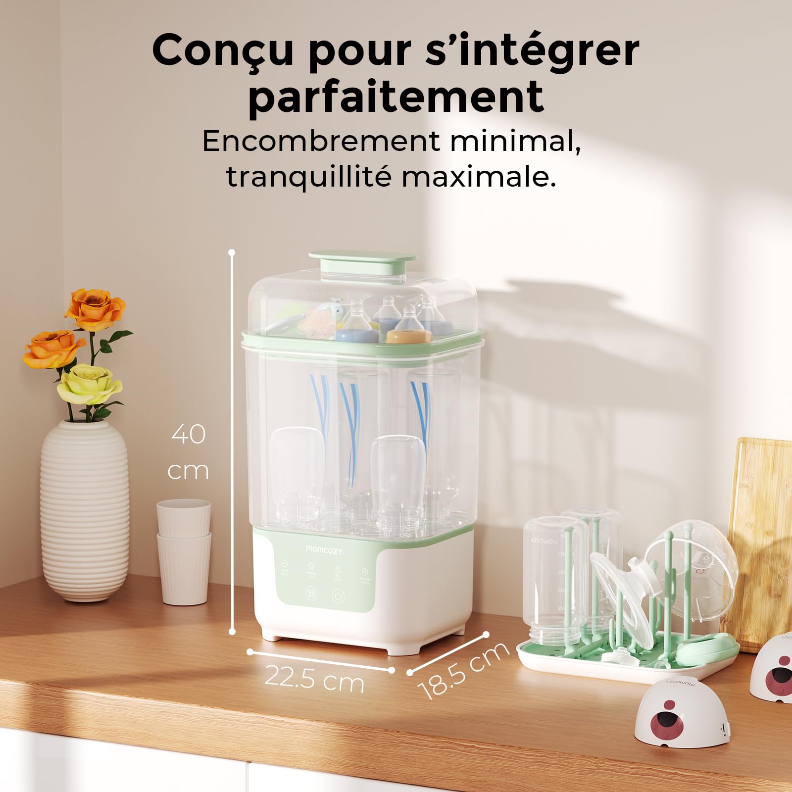 Momcozy Stérilisateur Séchoir 4-en-1, 6 Biberons, Compact, Électrique | Tire-lait et Accessoires, Nouveau-né, Sans BPA, Hygiène, Automatique, Bébé, Cadeau, Lot, Silencieux, Rapide, Sûr, Voyage