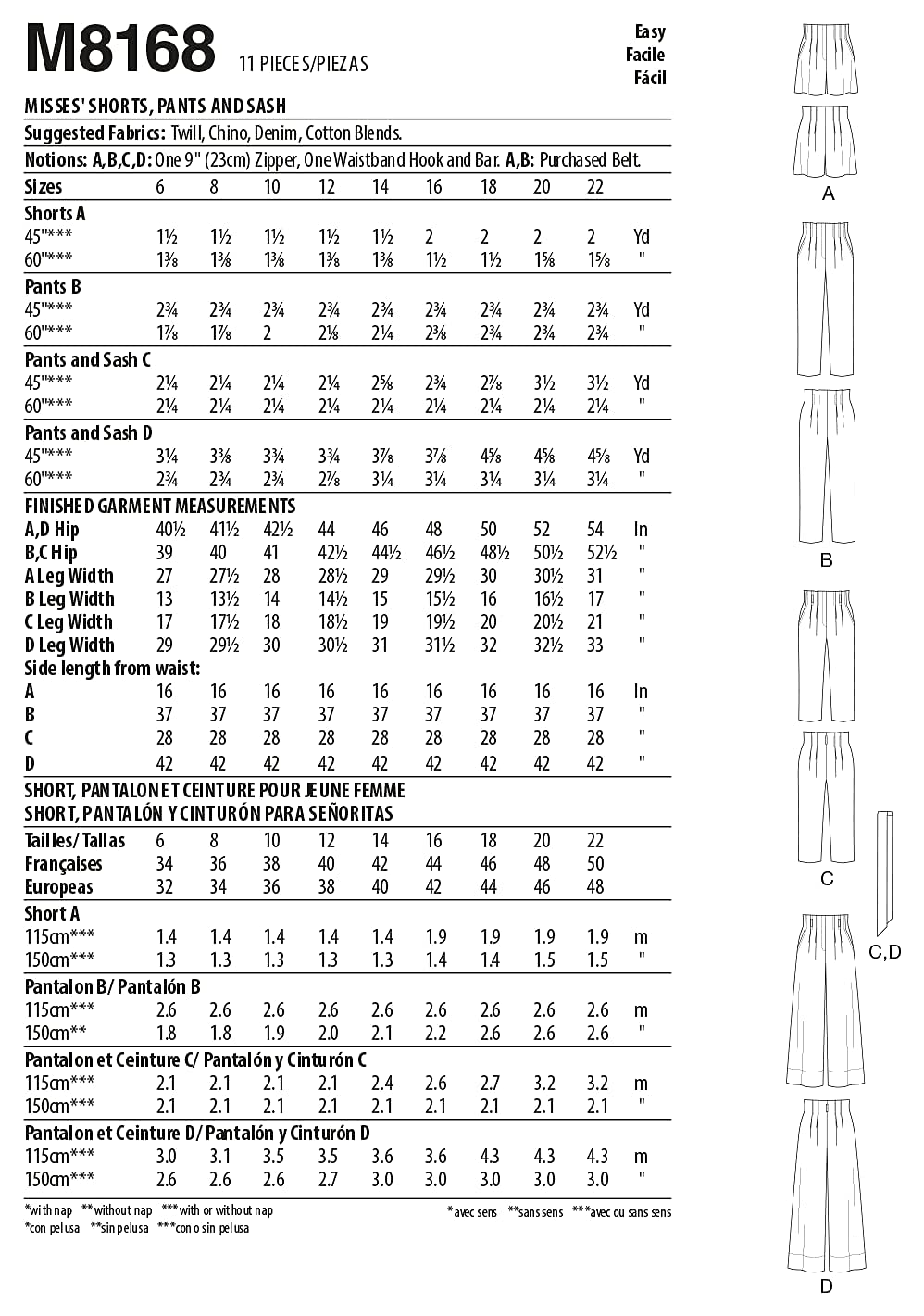 Patron Jupe Pantalon M8168A Couture Facile Femme Tailles 6 &agrave; 22 McCalls
