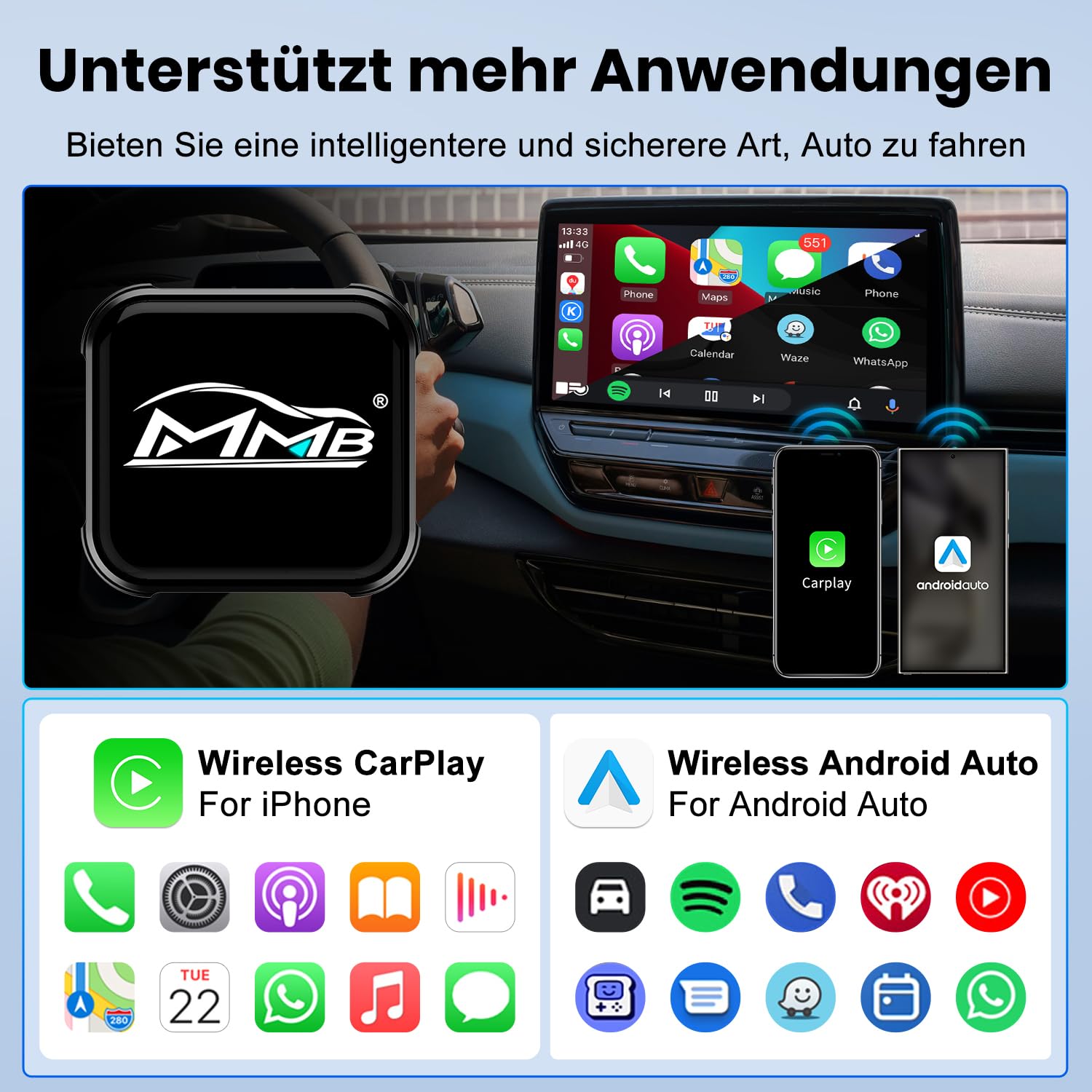 MMB CP-Ultra 2026 Adaptateur CarPlay sans fil 2 en 1 pour iPhone & Android Auto, Wi-Fi 6+Bluetooth 5.4, Convertit CarPlay filaire et Android Auto en CarPlay sans fil, Plug & Play