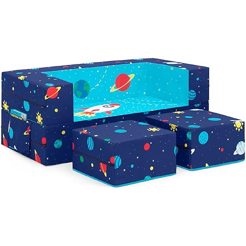 Delta Children Convertible Sofa and Play Set for Kids and Toddlers Modular Foam Couch and Flip Out Lounger with 2 Ottomans, Spaceship