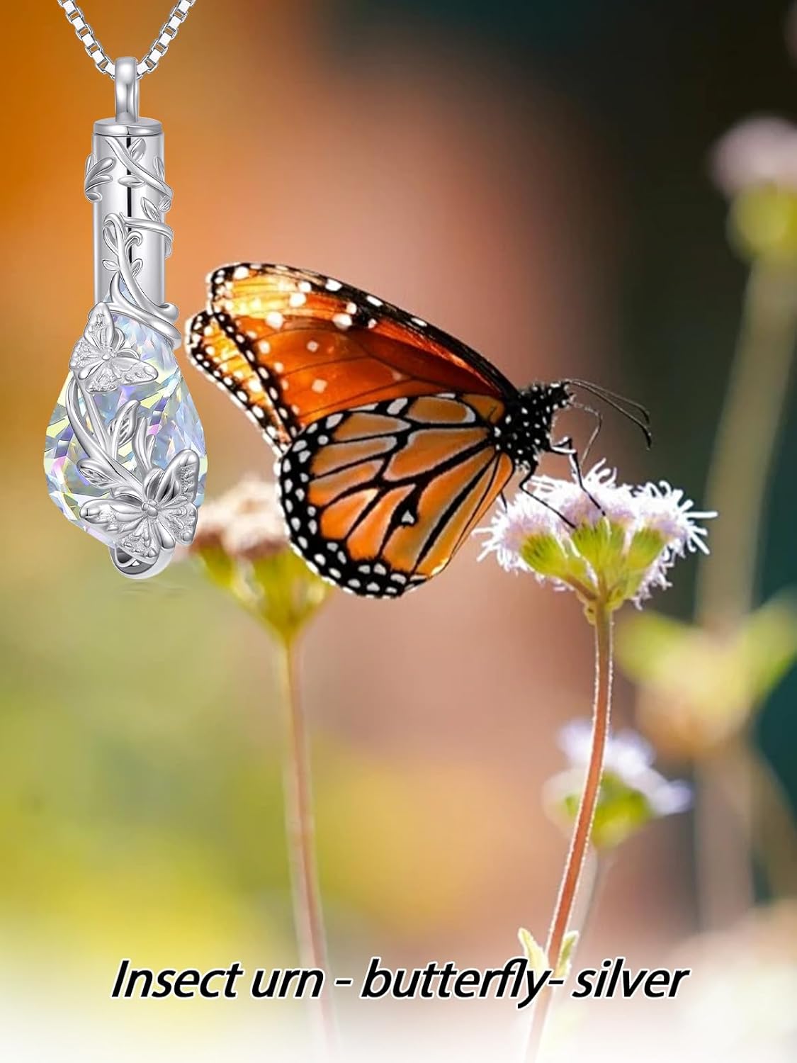 JKR Butterfly/Dragonfly/Ladybug/Bee/Hummingbird Heart Urn Necklace for Ashes S925 Sterling Silver Crystal Keepsake Pendant Memorial Jewelry with Funnel Filler for Women - Image 3