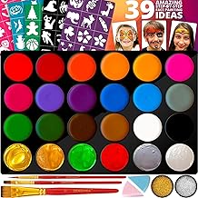 Zenovika Face Painting Kit for Kids - 24 Large Colors, Non-Toxic and Hypoallergenic, Stencils, Book, and Professional Halloween Makeup - Safe and Easy to Use
