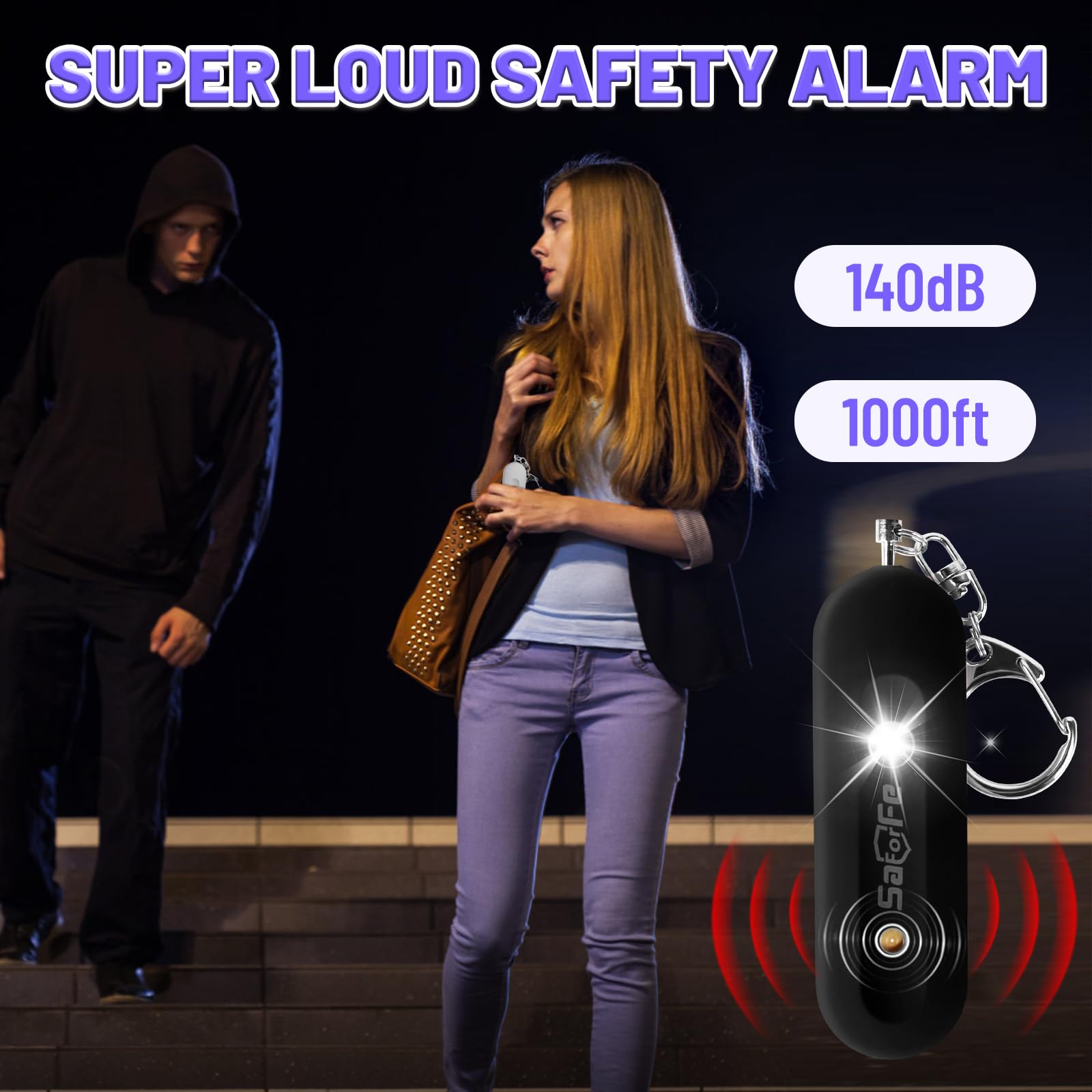 Rechargeable Personal Safety Alarm for Women - 140dB Self-Defense Security Alarm Keychain with Strobe Light, Emergency Security Alert Devices for Women Girls Kids Elderly (Black)
