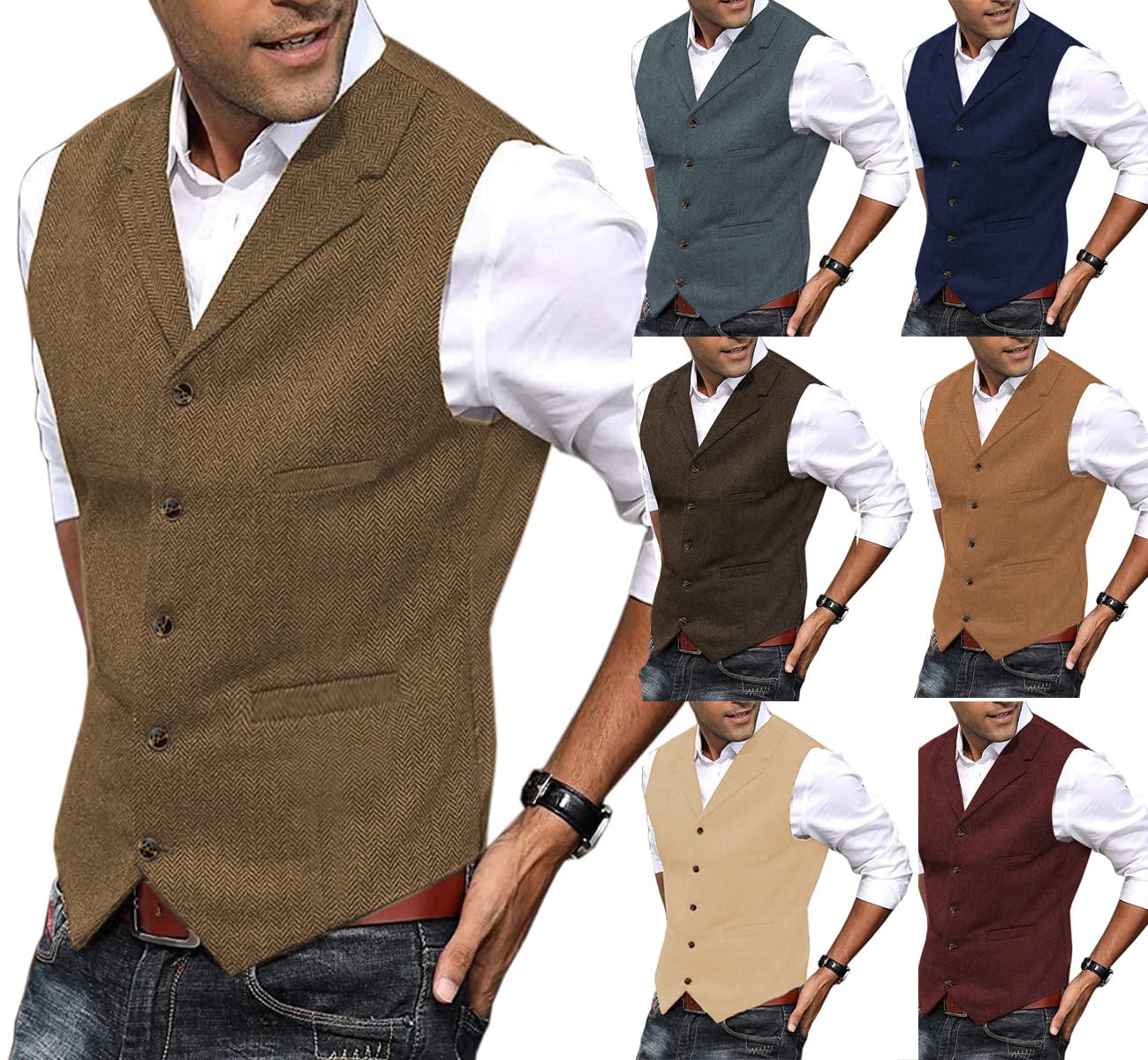 Chaleco para hombre Chaleco de traje de tweed de lana suave informal Chaleco de espiga para padrino de boda Mejor hombre