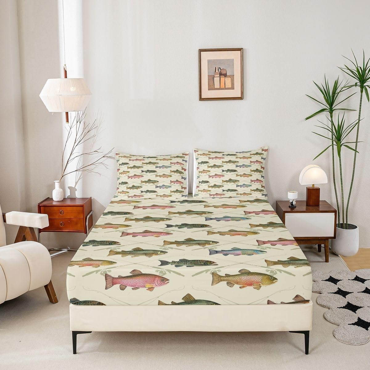 Fish Fitted Sheet Rustic Style Bed Sheets Deep Pocket 12 inch (30 cm) Soft Cozy 3 Piece Microfibre Bed Sheet 200x200 cm with 2 Pillowcases 50x75 cm