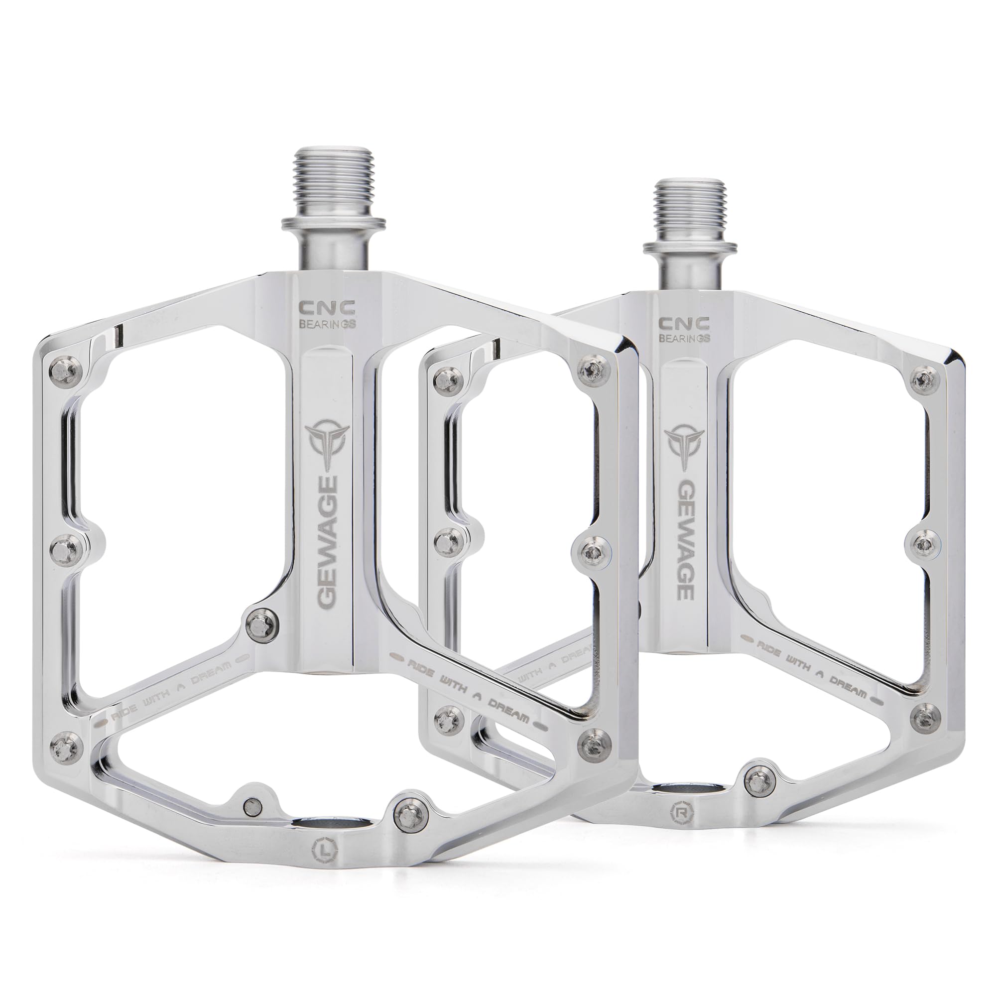 GEWAGE Road/Mountain Bike Pedals - 3 Bearings Bicycle Pedals - 9/16” CNC Machined Flat Pedals with Removable Anti-Skid Nails (High-gloss silver)