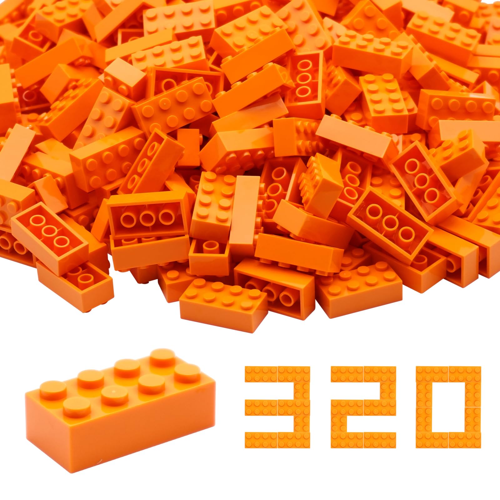 WYSWYG Building Bricks 2x4 Stud 320 Pcs, Orange, Classic Building Blocks Set, Compatible with Construction Building Blocks.