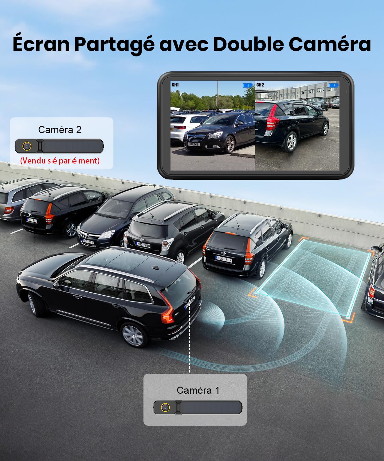 Foxpark Solaire Camera de Recul sans Fil: Installation Facile en 3 Minutes, avec HD 1080P Moniteur 5 Pouces, Étanche IP69K Vision Nocturne Claire Nocturne Caméra de Recul pour Auto,SUV, Camion,Van