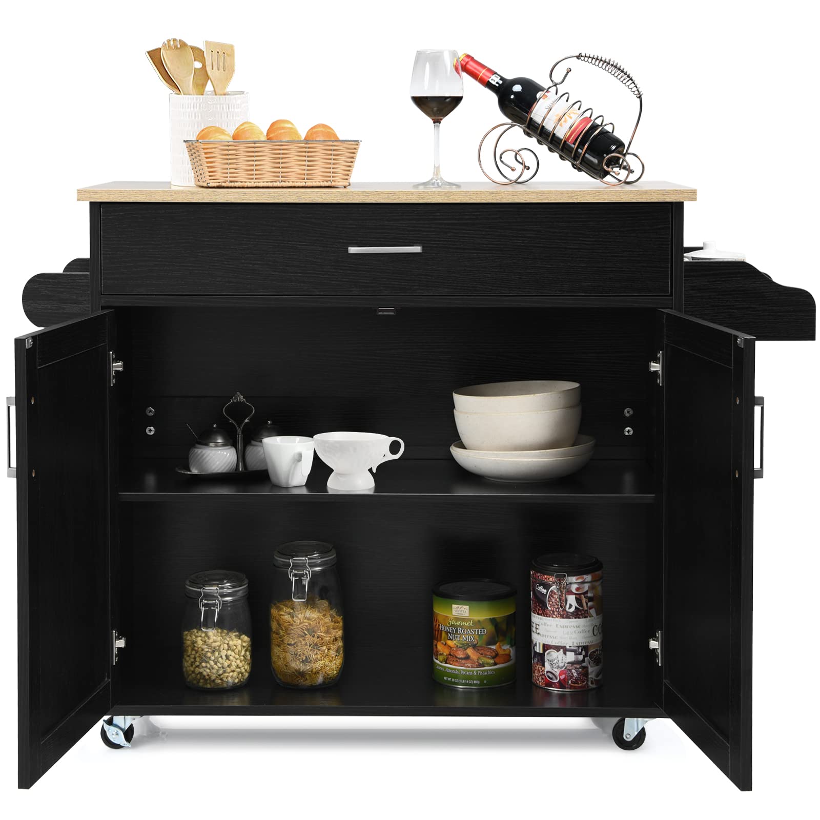 GIANTEX Küchenwagen mit Arbeitsplatte, Küchenschrank mit Rollen, bewegliche Kücheninsel Holz, Servierwagen Küchenrollwagen Rollwagen mit Schublade, Küchentrolley 116 x 40 x 85 cm, Schwarz