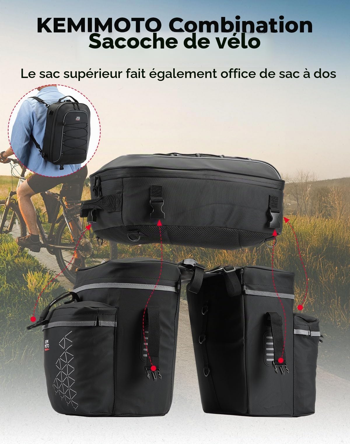 KEMIMOTO Sacoche Vélo Porte-Bagage Arrière, 52L Sacoches Vélo 3 en 1 Grande Capacité avec Housse Imperméable, Sac Velo avec Bandoulière Amovible pour Outdoor Voyage Sport