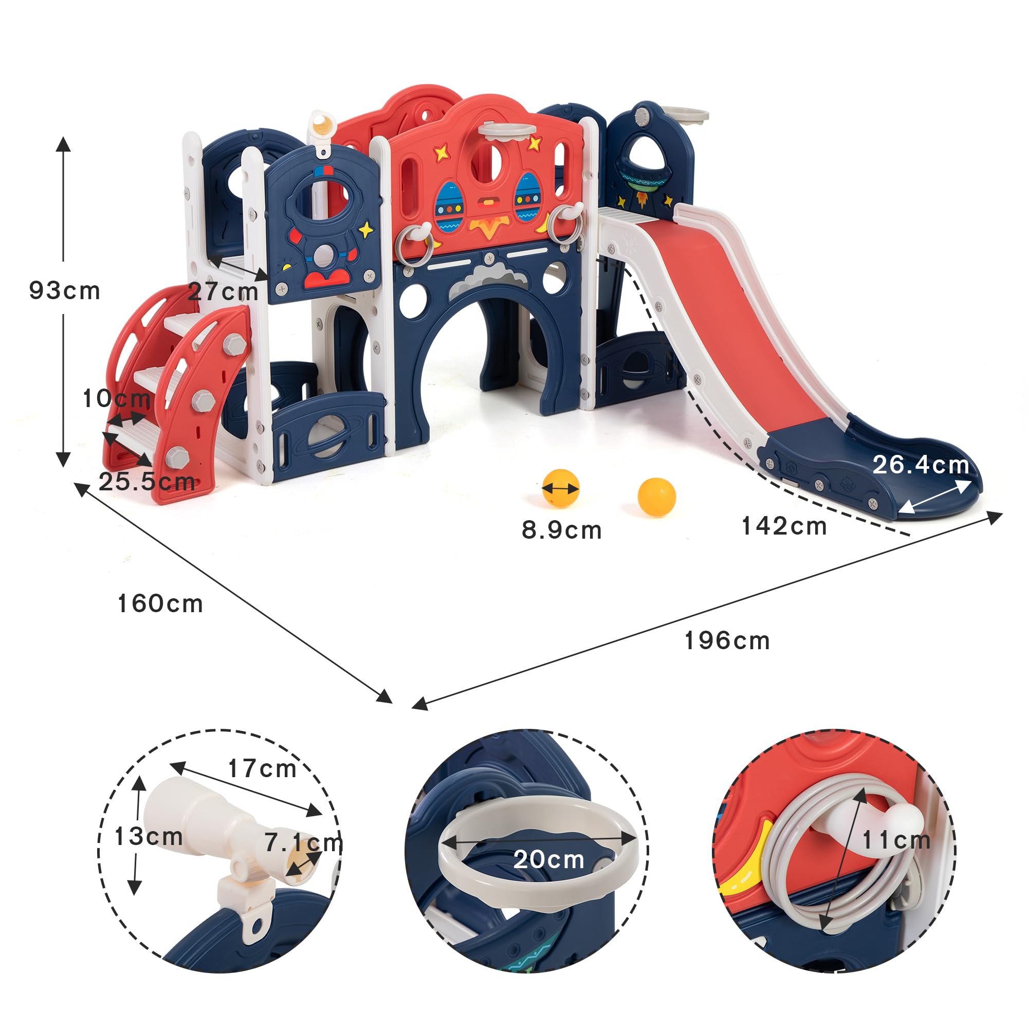 9 in 1 Kleinkind Rutsche, Indoor & Outdoor Rutsche mit Basketball Korb und Teleskop, Tunnel, Abstellraum, Geeignet für Kinder Rutsche 3+ zu Spielen