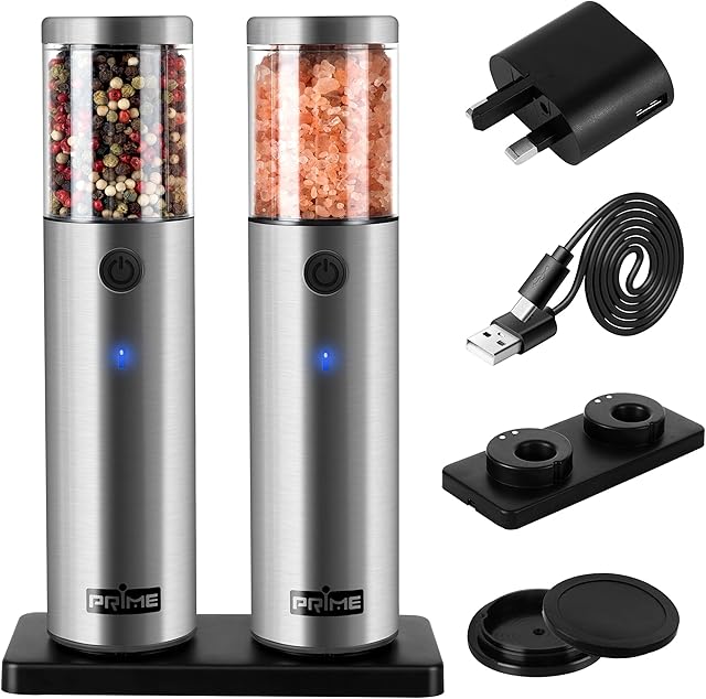 PRIME, Electric Salt and Pepper Grinder Set, 2 Mills, Rechargeable, with Charging Base, USB Cable, Power Adapter, Automatic Tact Switch Operation, Adjustable Coarseness, Stainless Steel (UK 2.2)