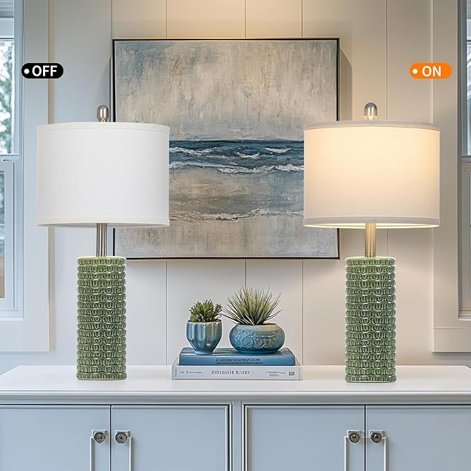 Cinyirong 24.5" Green Ceramic Table Lamps Set of 2, Farmhouse Table Lamps for Living Room, Modern Lamps for Bedroom Night Stands, Traditional Nightstand Desk Lamps(LED Bulbs Included) photo 6