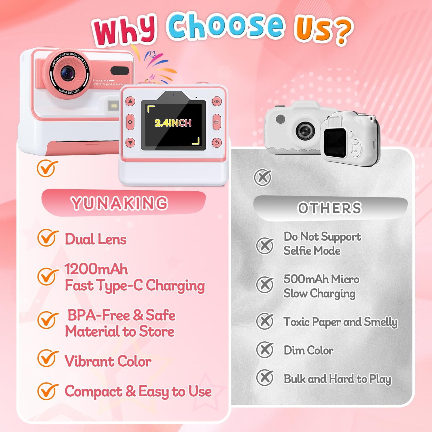 Kids Camera Gift for Girls: Dual Lens Instant Print Digital Camera Christmas Birthday Gifts Toys for 3 4 5 6 7 8 9 10 Year Old Girls Boys Stocking Stuffers for Girl Boys Age 3-12 with 32GB Card (Pink) - Image 7