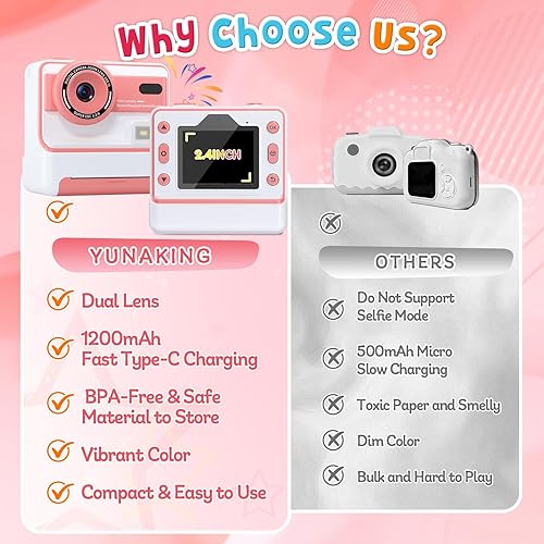 Miniatura 7 de Cámara para niños, regalo para niñas: Cámara digital de impresión instantánea de lente dual, regalos de Navidad y cumpleaños, juguetes para niñas y