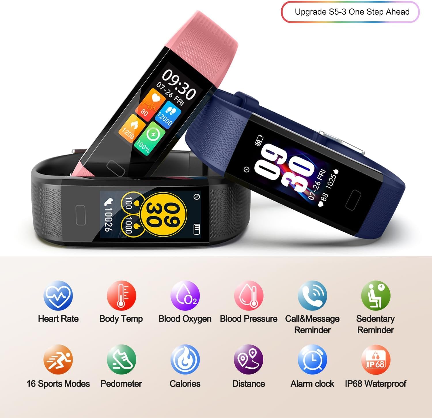 Septoui Smart Band Fitness Orologio Contapassi Frequenza Cardiaca, SpO2, Pressione Sanguigna, Sonno Calorie Activity Tracker Impermeabile IP68, 16 modalità Sportive Smartwatch Donna Uomo Bambini