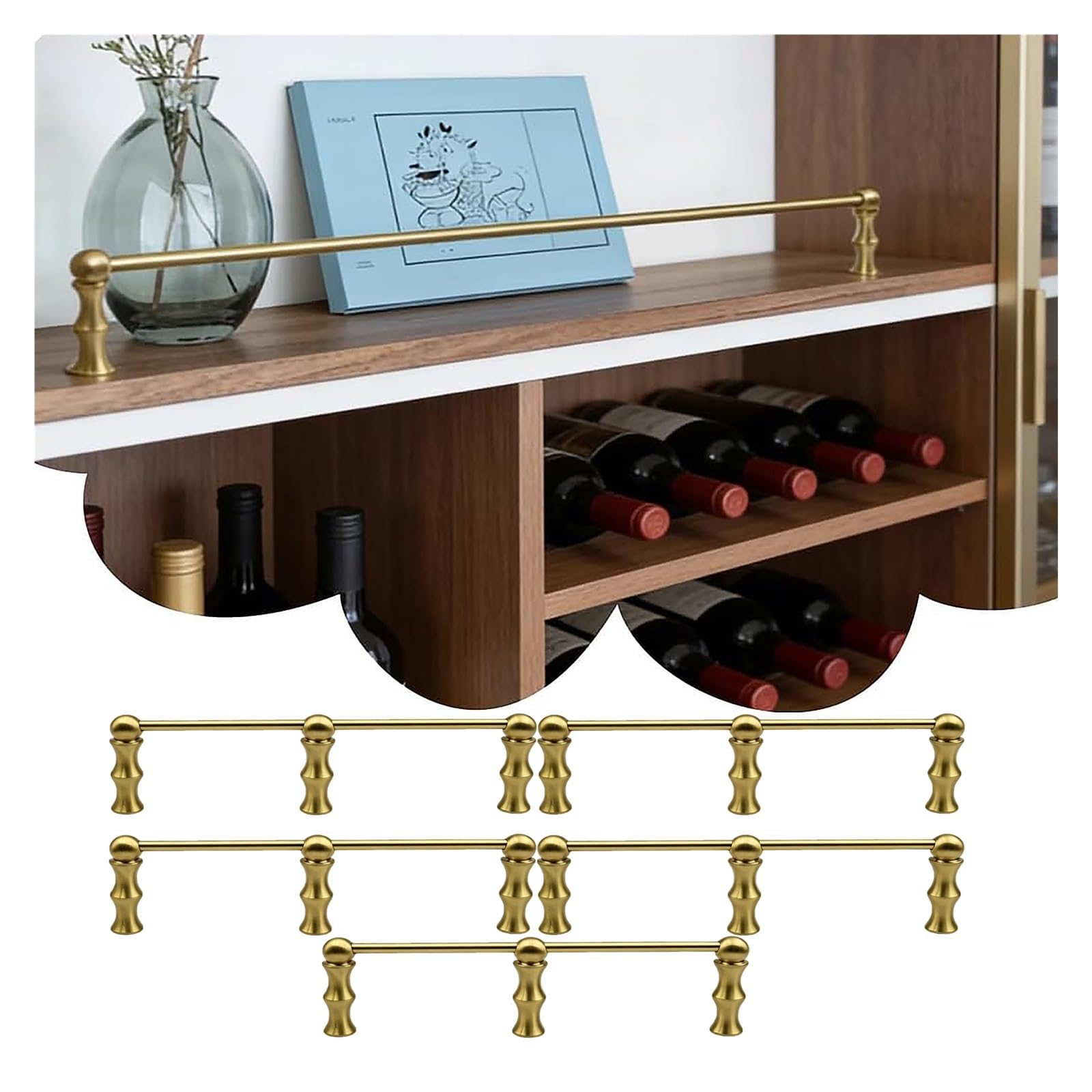 Peynir 5Pack Anti Fall Office Shelf Rail Fence 4 5 6Pack, 6Mm Brass Round Tube Shelf Guard Rails With Spindles & Screws, Pantry Kitchen Cabinet Storage Safety Bar(,46″/117Cm)
