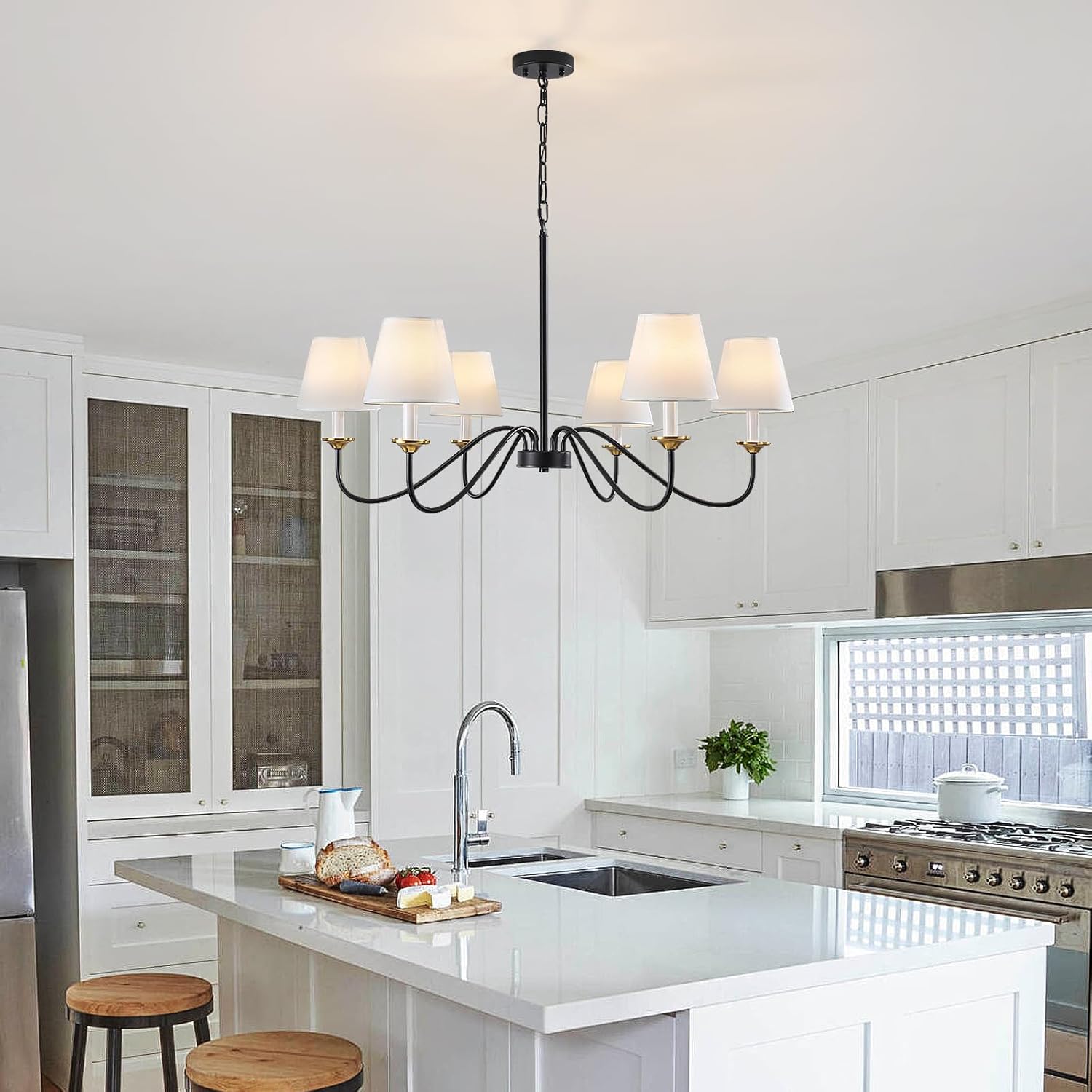 Chandelier with Shades, Black Farmhouse Chandelier for Dining Room - 6 Lights 35.8" Modern Light Fixture, Adjustable Pendant Lighting for Living Hallway Bedroom Foyer with White Fabric Shade