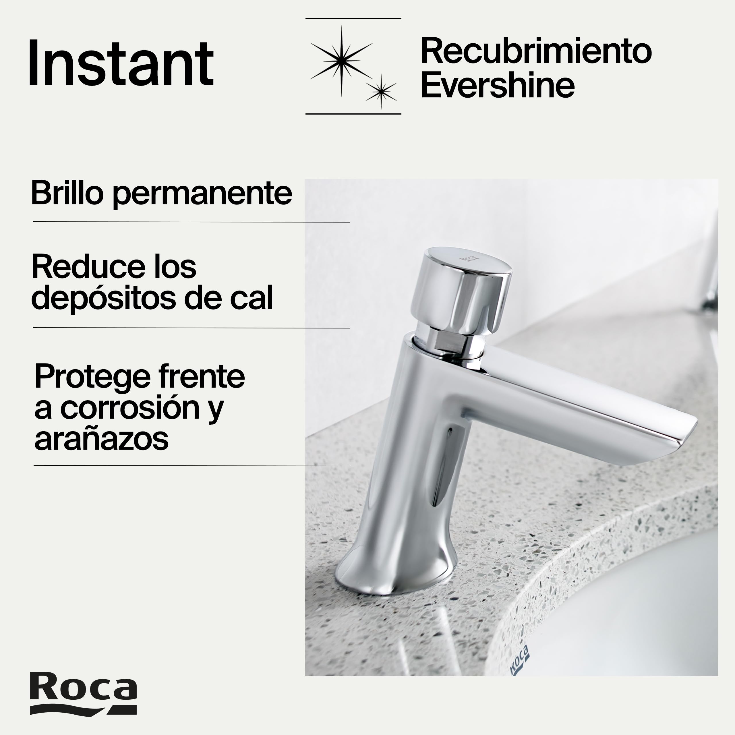 Roca Instant Grifería para lavabo temporizada, grifo monomando de repisa con pulsador, mezclador para cuarto de baño con limitador de caudal y cierre automático en 15 segundos, cromado, A5A4277C00
