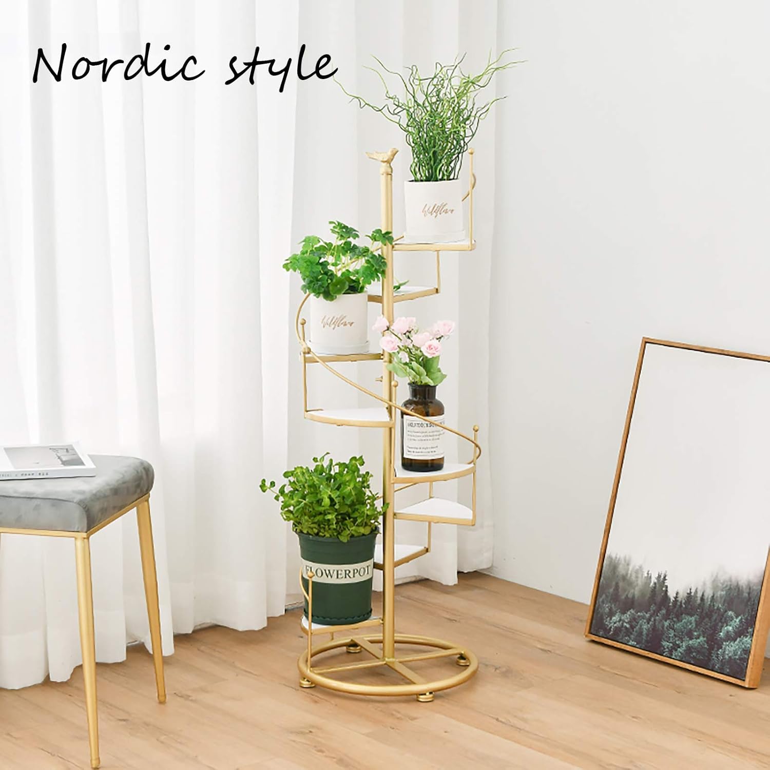 Supporto per vasi da fiori rotante, supporto per piante in ferro a scala a spirale, stile nordico, vasi decorativi per la casa, vasi in vaso per patio, giardino, soggiorno, balcone
