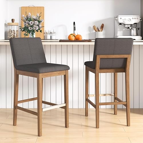 chairus Juego de 2 taburetes de bar altos de tela, taburetes de bar tapizados de lino con patas y respaldo de madera maciza para cocina, isla de