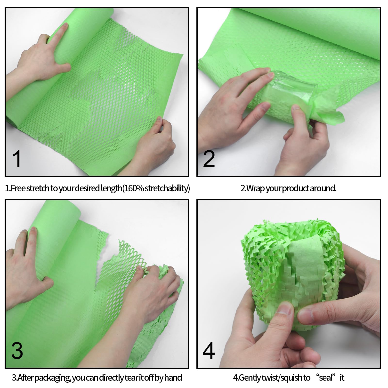 onesimcr Rouleau de papier cadeau en nid d'abeille vert 38,1 x 330,5 m, alternative durable au papier bulle pour déménagement/transport/emballage avec 20 autocollants fragiles, biodégradable et