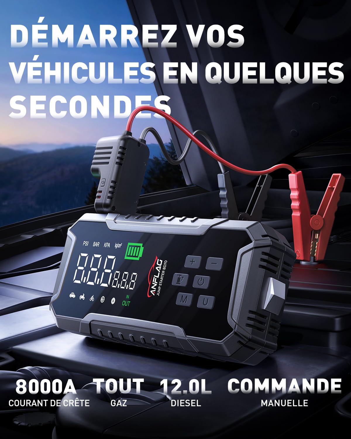 8000A Booster Batterie Voiture avec Gonfleur 160PSI, 26800mAh Démarreur Batterie Voiture avec Compresseur à Air, Jump Starter avec pour 12V Véhicules(Tout Gaz/12L Diesel)